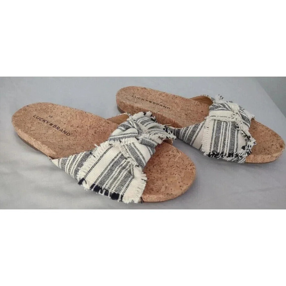 NEW Lucky Brand Floella Size 7M Cork Soled Slide Sandals Tan Fabric Bows - Picture 1 of 3